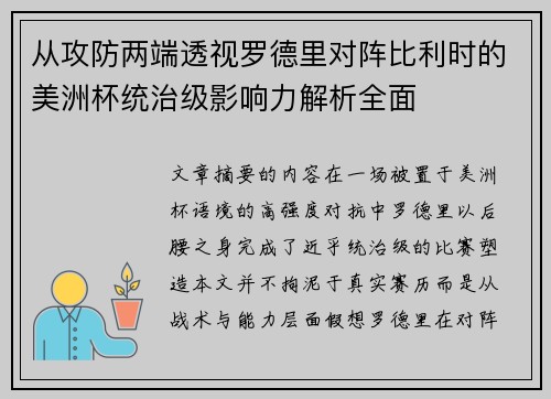 从攻防两端透视罗德里对阵比利时的美洲杯统治级影响力解析全面